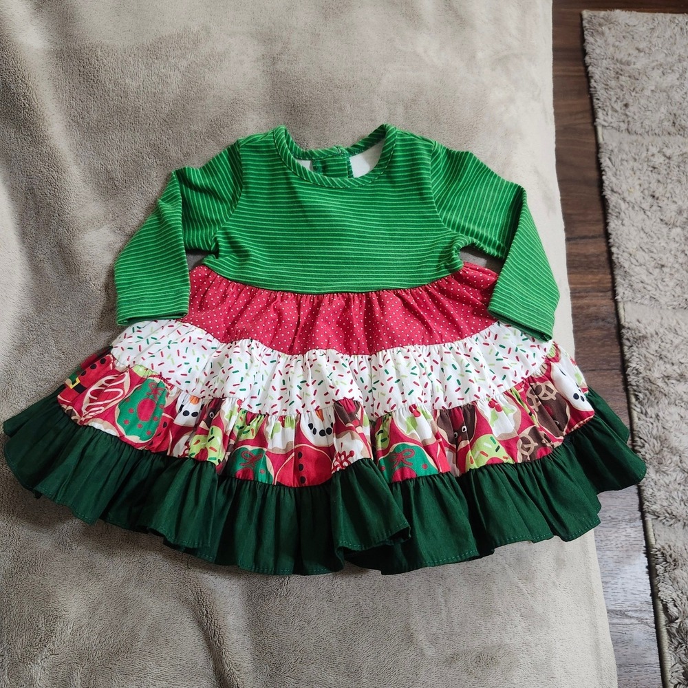 NEW Ricrac & Ruffles Baby Girls Christmas Tiered Ruffle Dress Green Red 3/6M